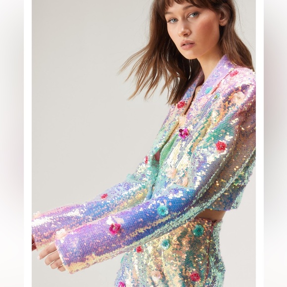 Nasty Gal Premium Floral Embellished Pink Iridescent Sequin Cropped Blazer 12 - Picture 8 of 16
